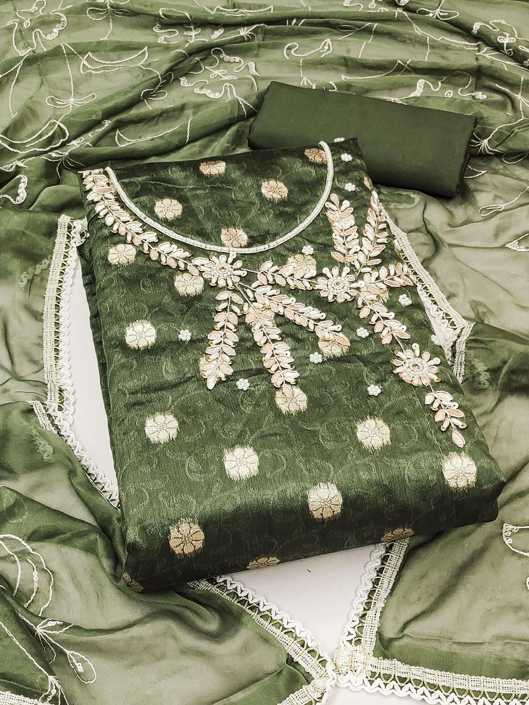 

Ishin Ethnic Motifs Woven DesignBeads and Stones Unstitched Dress Material, Green