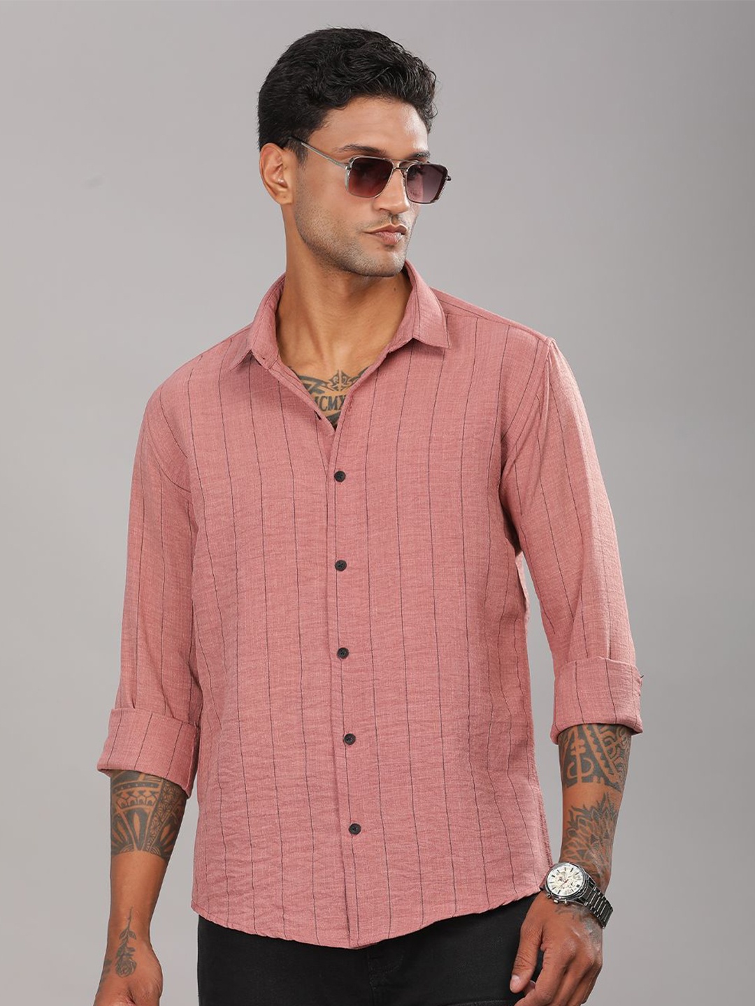 

PAUL STREET Men Standard Spread Collar Vertical Striped Slim Fit Casual Shirt, Pink