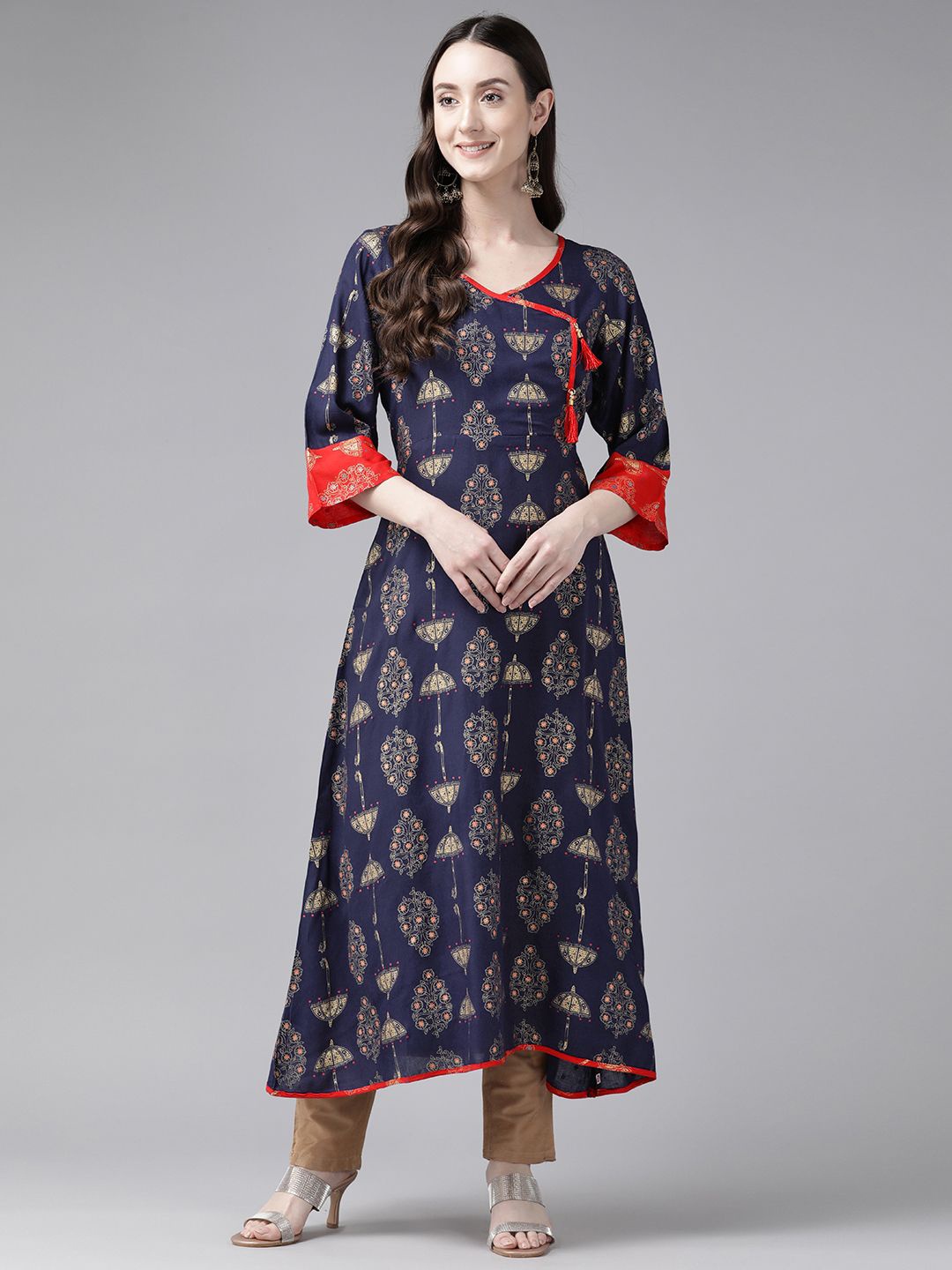 

BAESD Ethnic Motifs Printed V-Neck Cotton A-Line Kurta, Navy blue