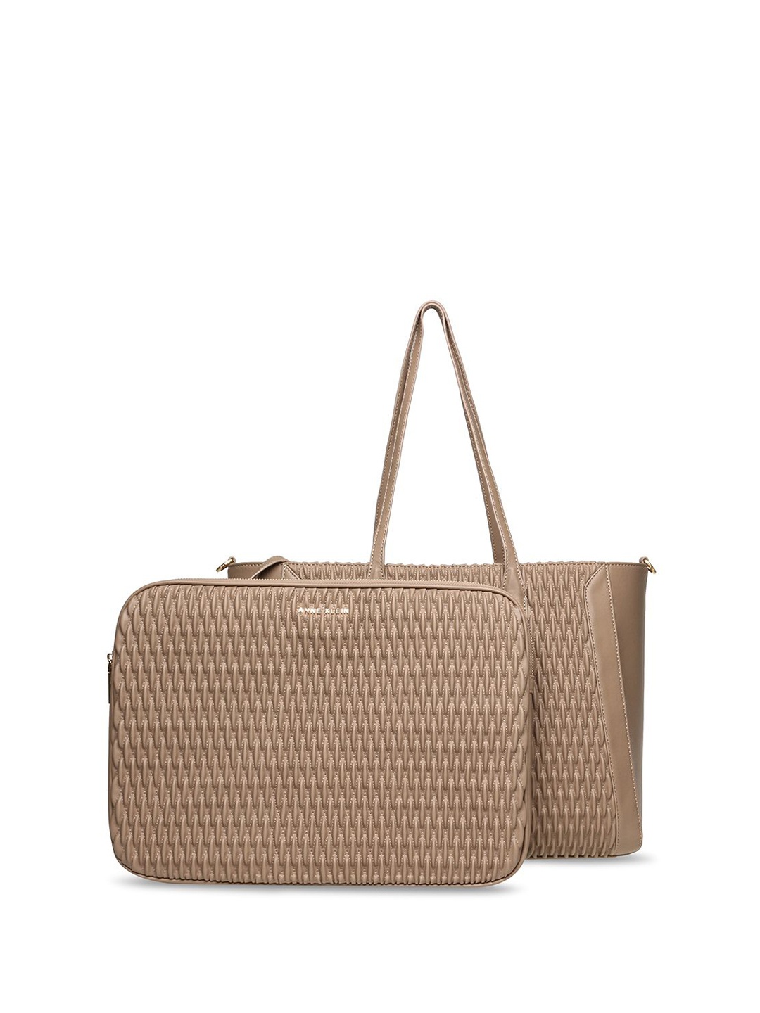 

ANNE KLEIN Geometric Oversized Structured Shoulder Bag with Cut Work, Beige
