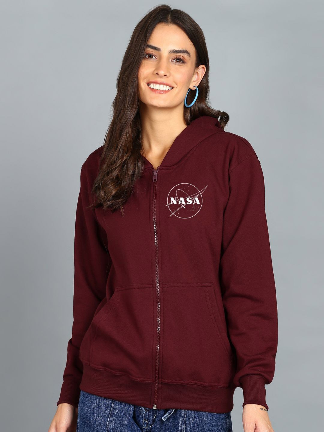 

FALTU.CO Women Graphic Printed Hooded Ribbed Cotton Sweatshirt, Maroon