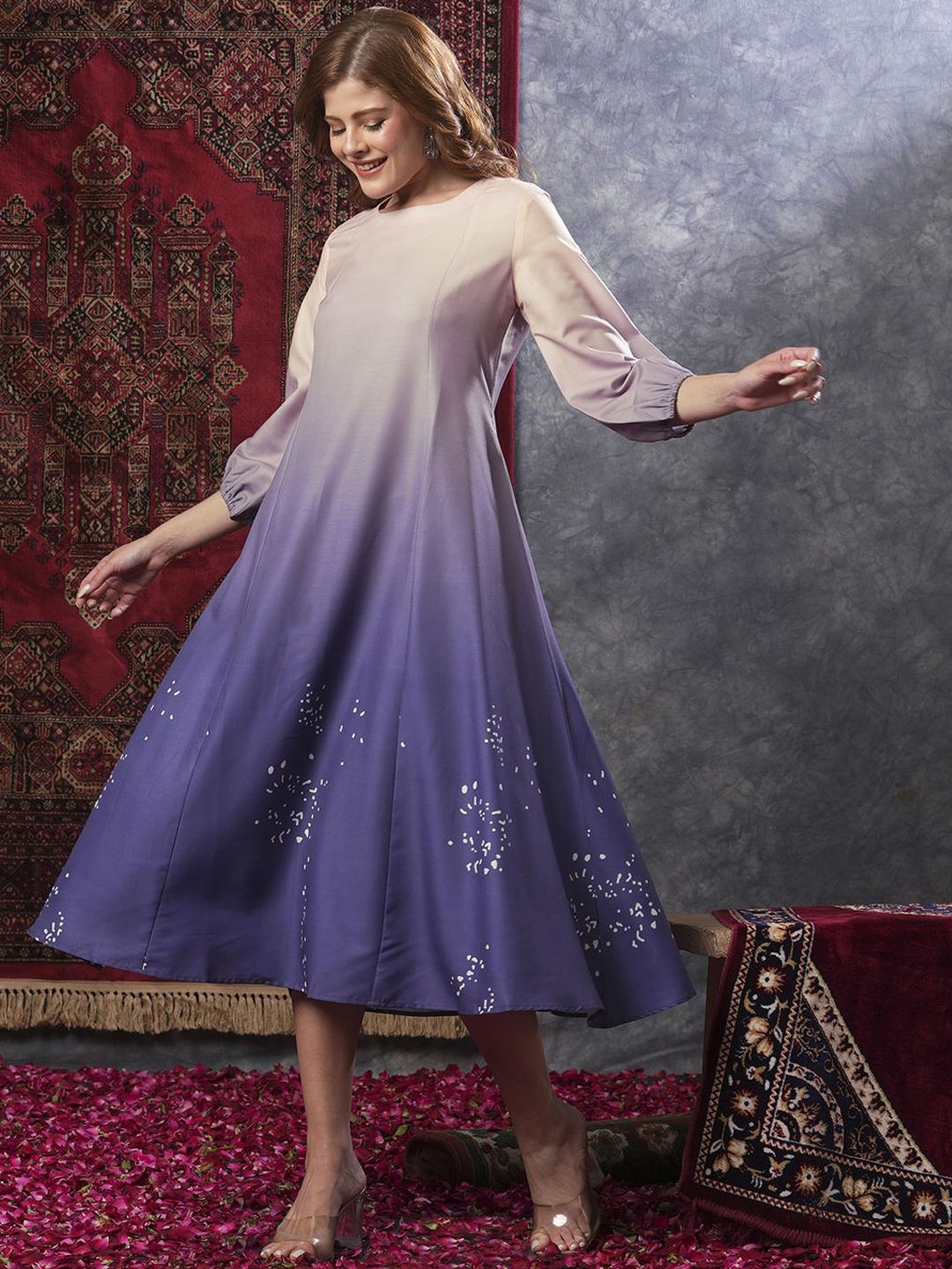 

Anni Designer Abstract Printed Round Neck Puff Sleeves Ombre Anarkali Midi Ethnic Dresses, Purple