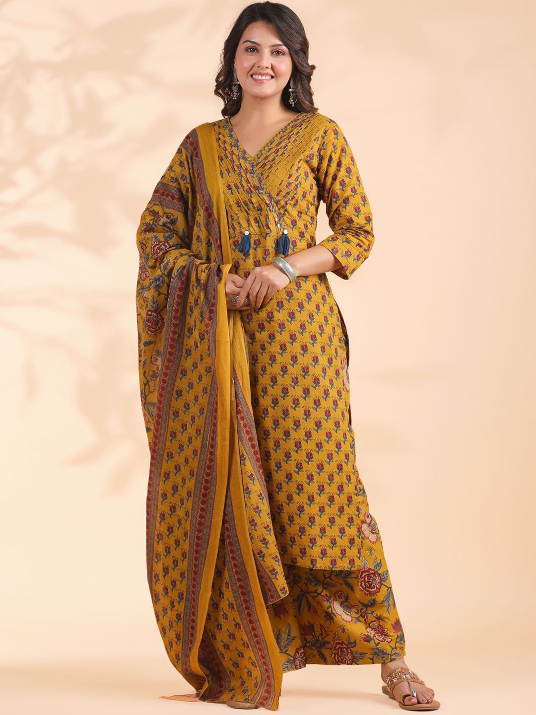 

Vbuyz Floral Printed Regular Sequinned Pure Cotton Kurta With Palazzos & Dupatta, Mustard