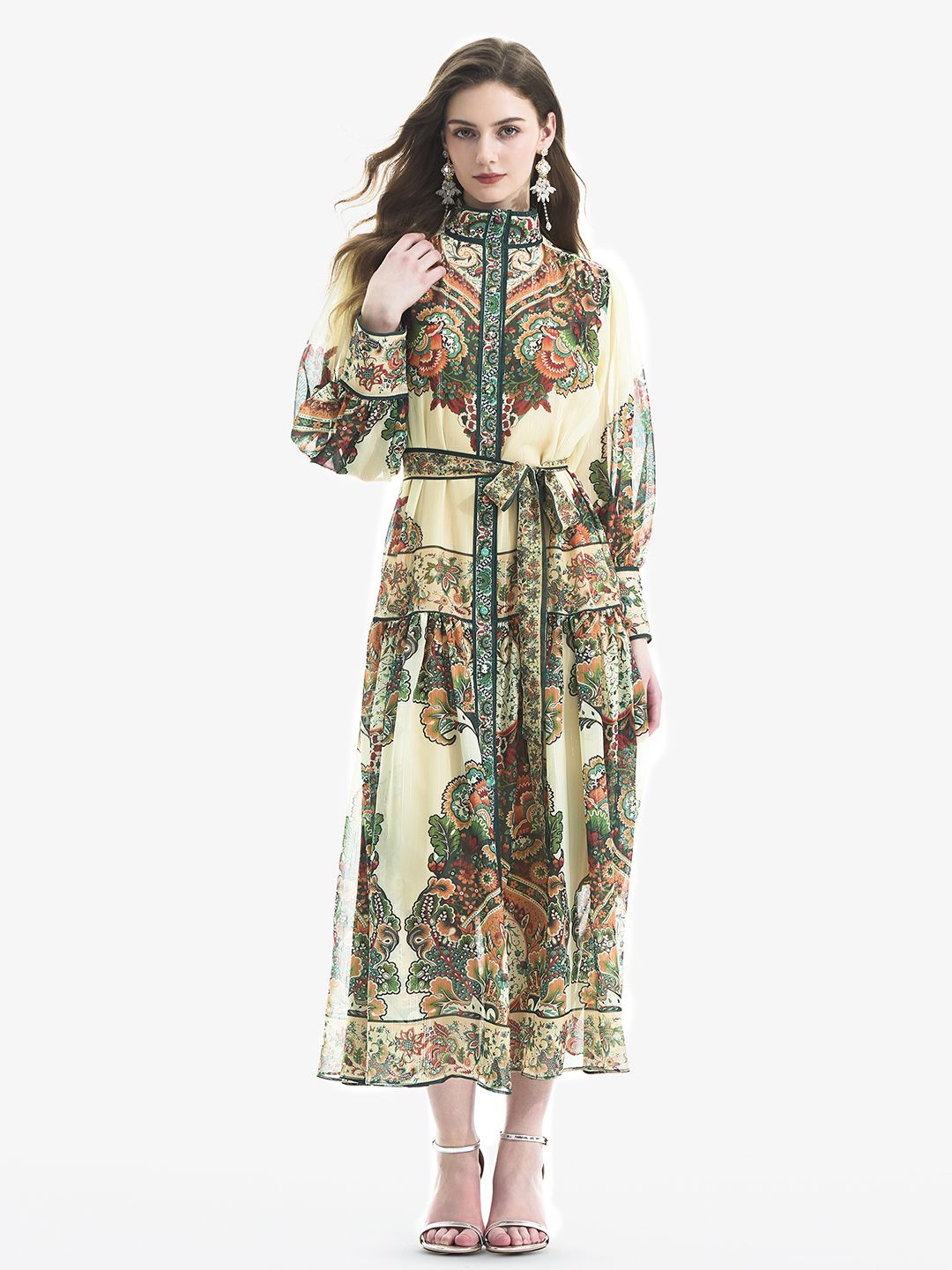 

JC Collection Women Ethnic Motifs Printed Mandarin Collar Maxi Dress, Off white