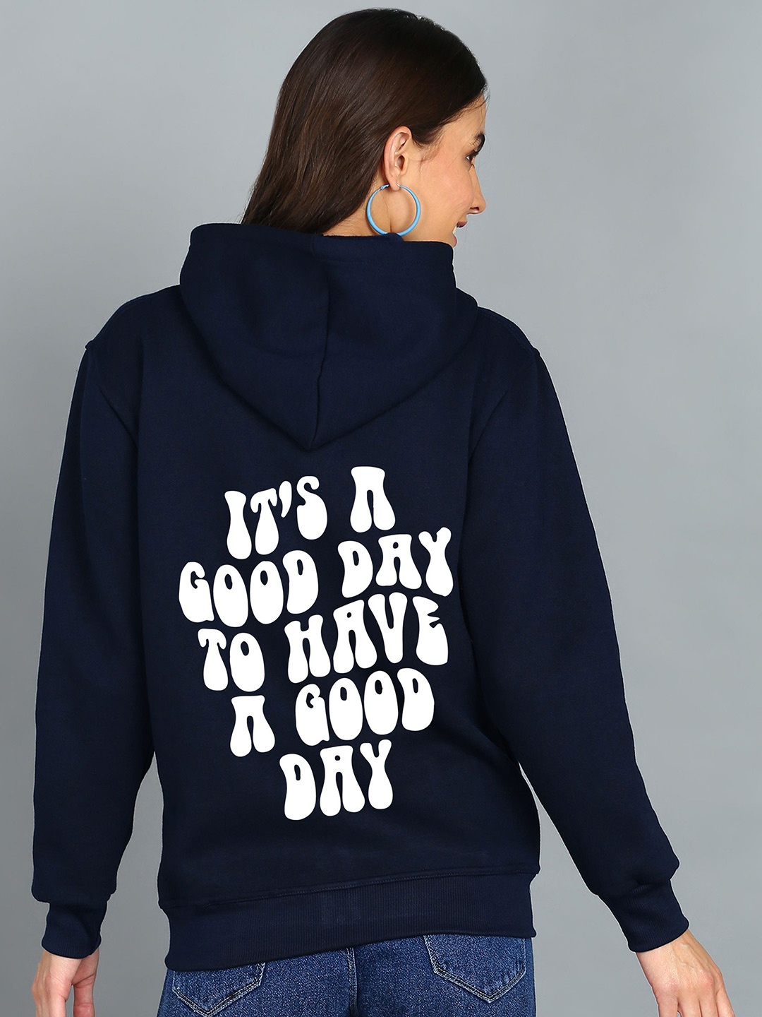 

FALTU.CO Women Printed Zip Detail Hooded Cotton Sweatshirt, Navy blue