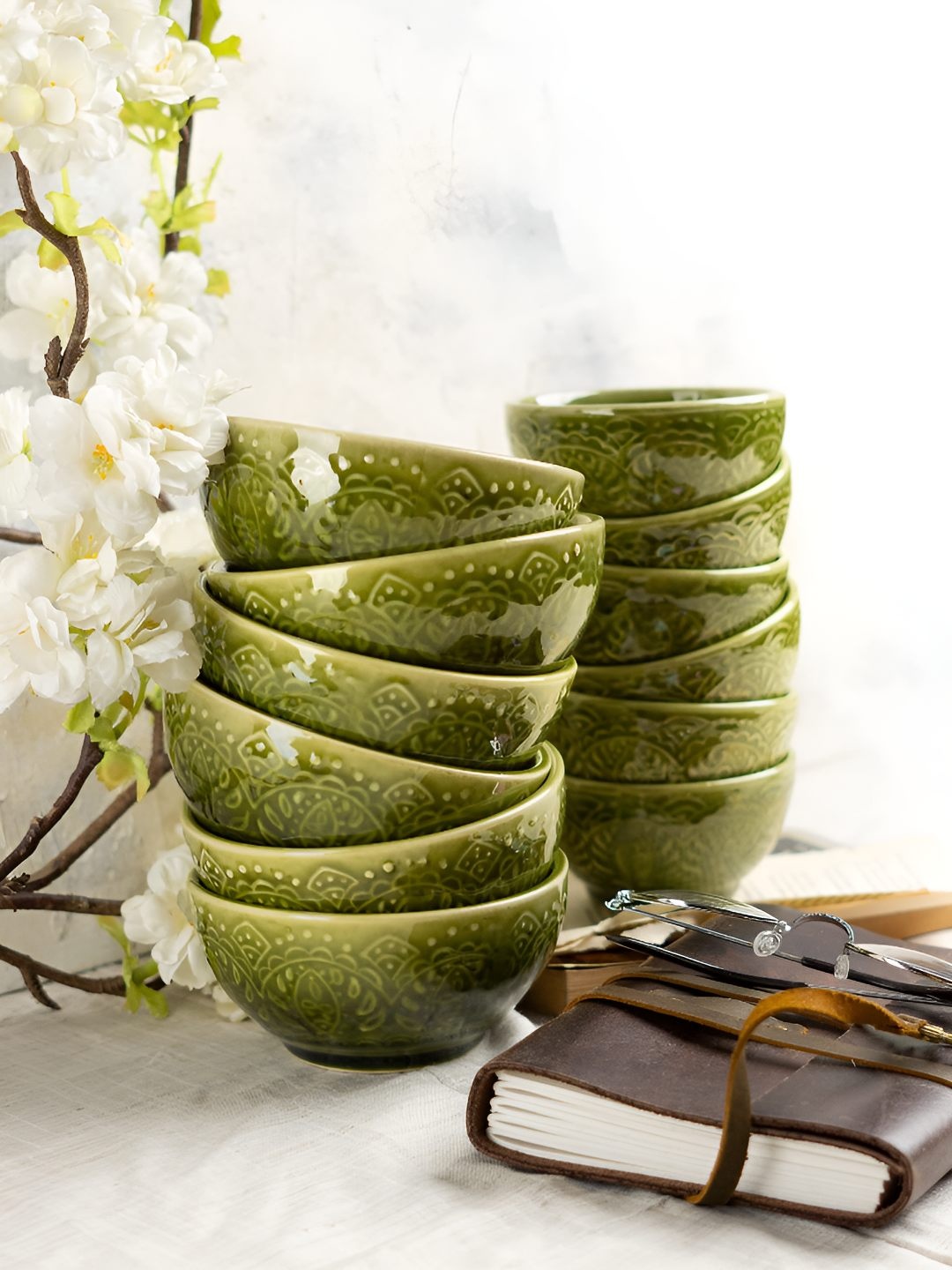 

AMALAFIEE CERAMICS Green 12 Pieces Printed Ceramic Microwave Safe Serving Bowls