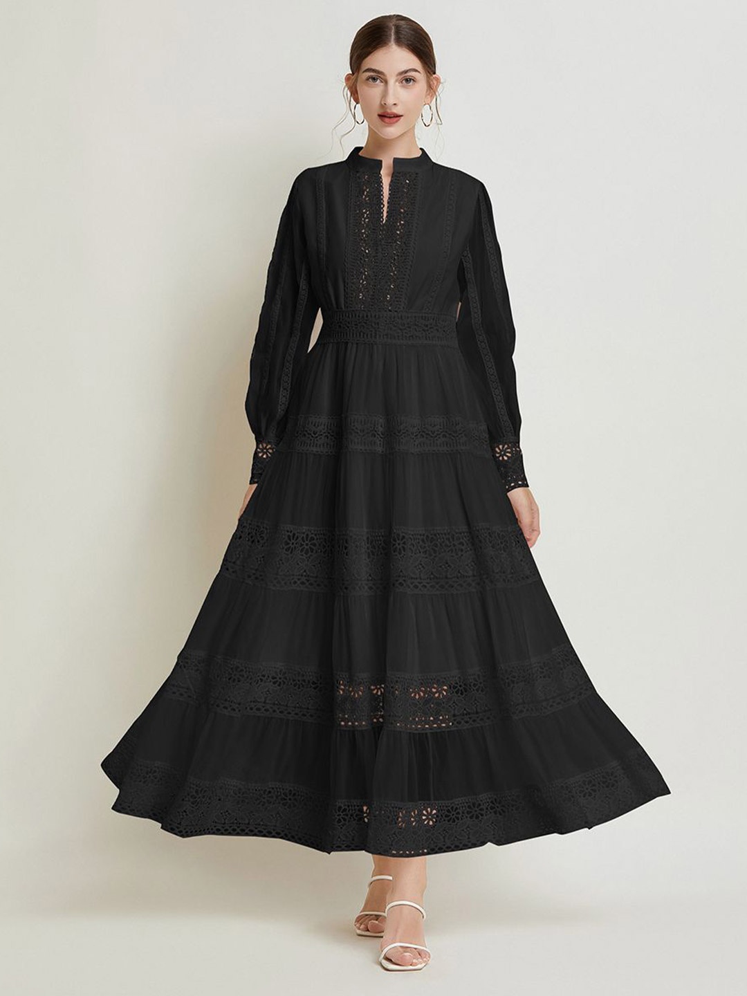 

JC Collection Mandarin Collar Self Design Printed Maxi Dress, Black