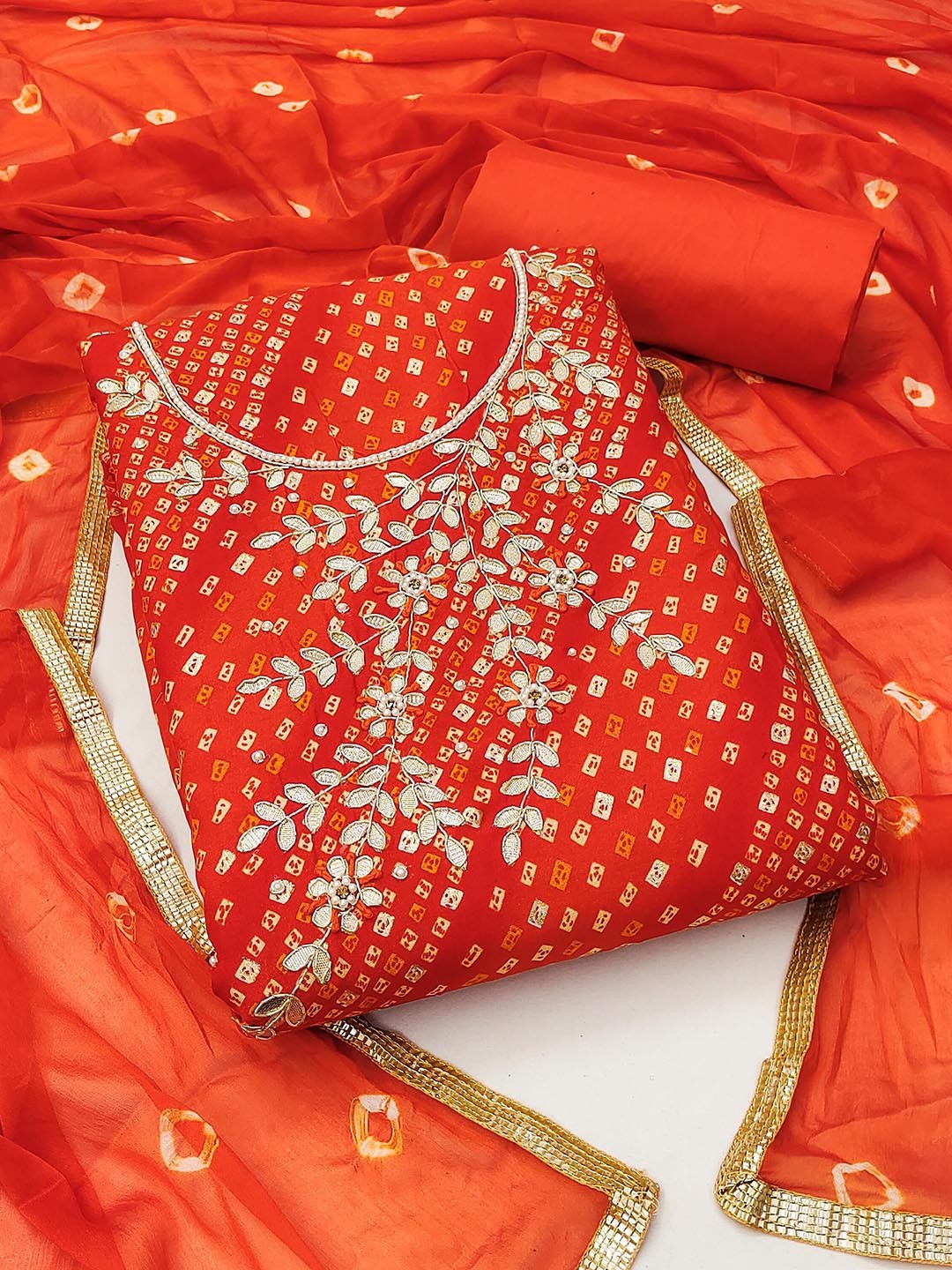 

Ishin Floral Embroidered Beads and Stones Detail Cotton Unstitched Dress Material, Red