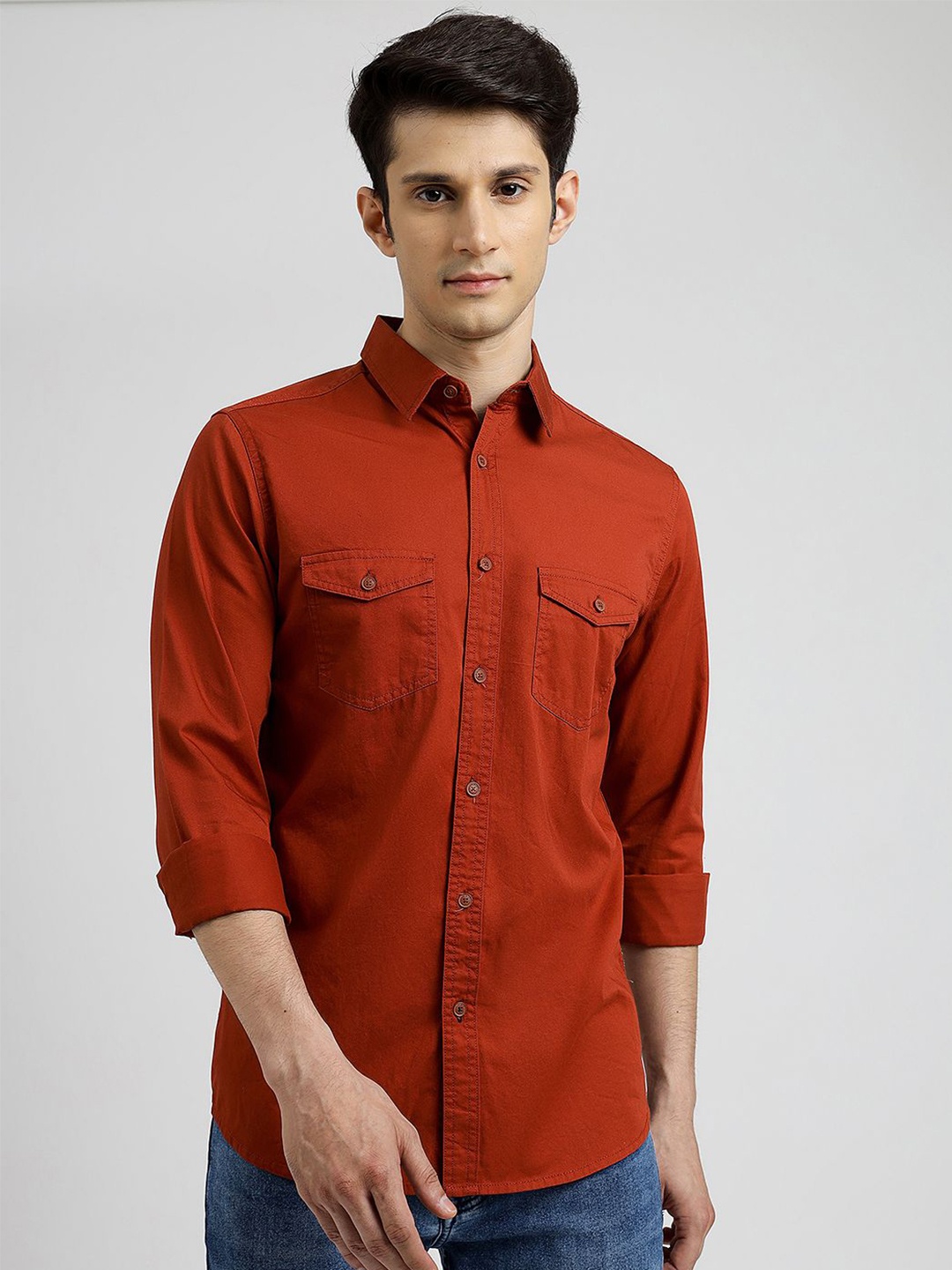 

JADE BLUE Men Spread Collar Solid Cotton Slim Fit Casual Shirt, Rust