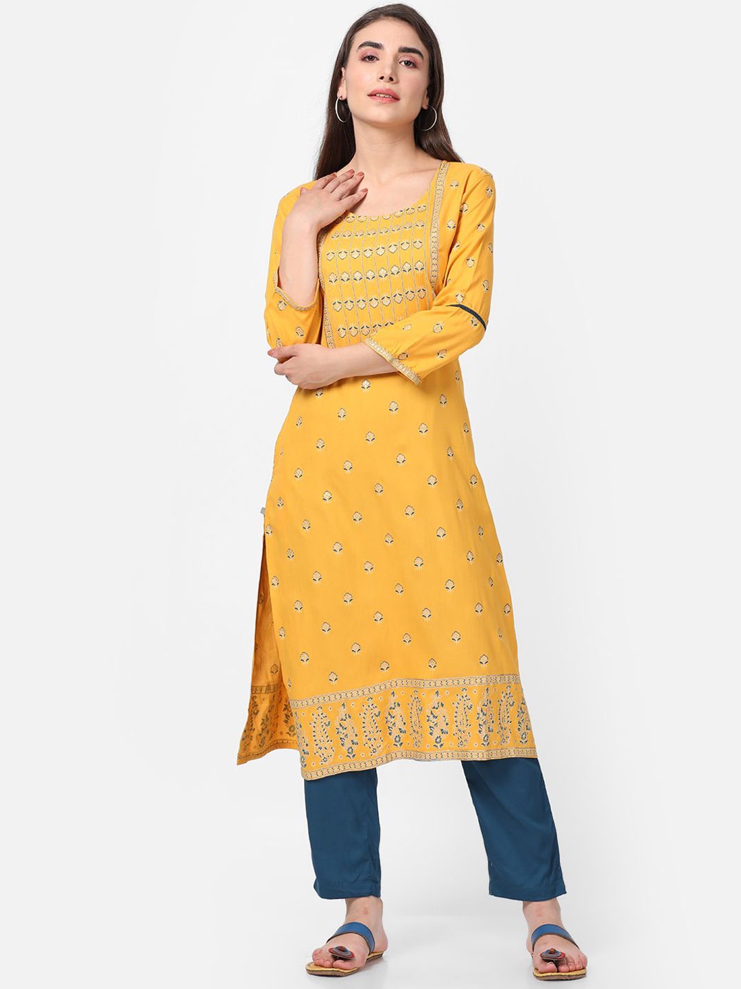 

Shree Ethnic Motifs Printed Regular Liva Kurta With Trousers, Mustard