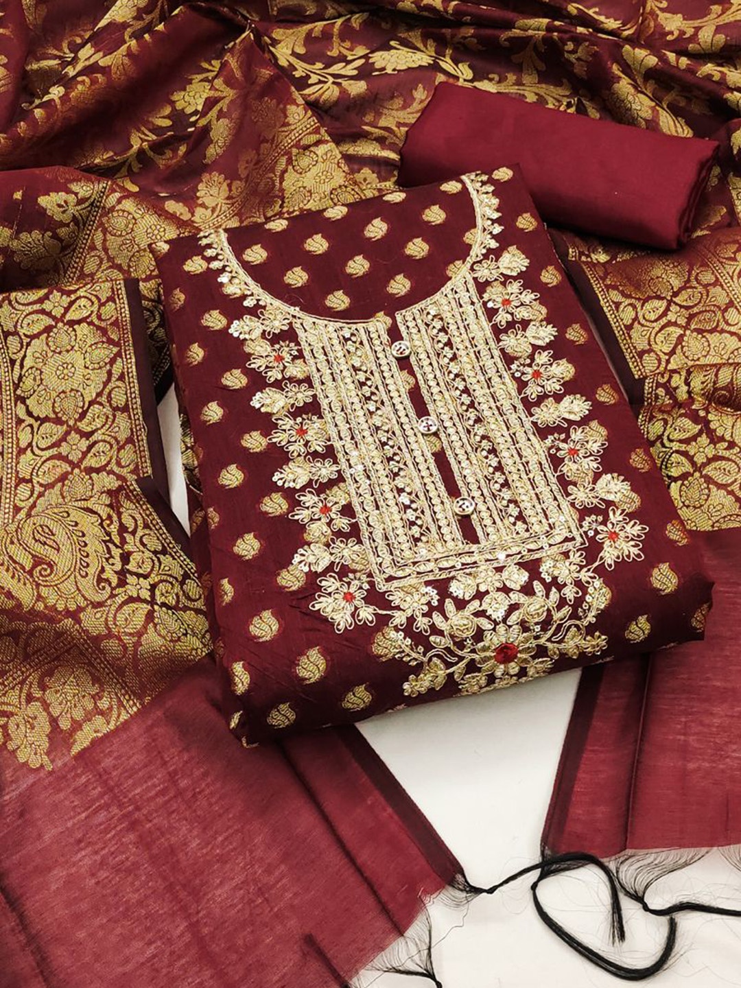 

ASISA Ethnic Motifs Woven Design Beads and Stones Unstitched Dress Material, Maroon