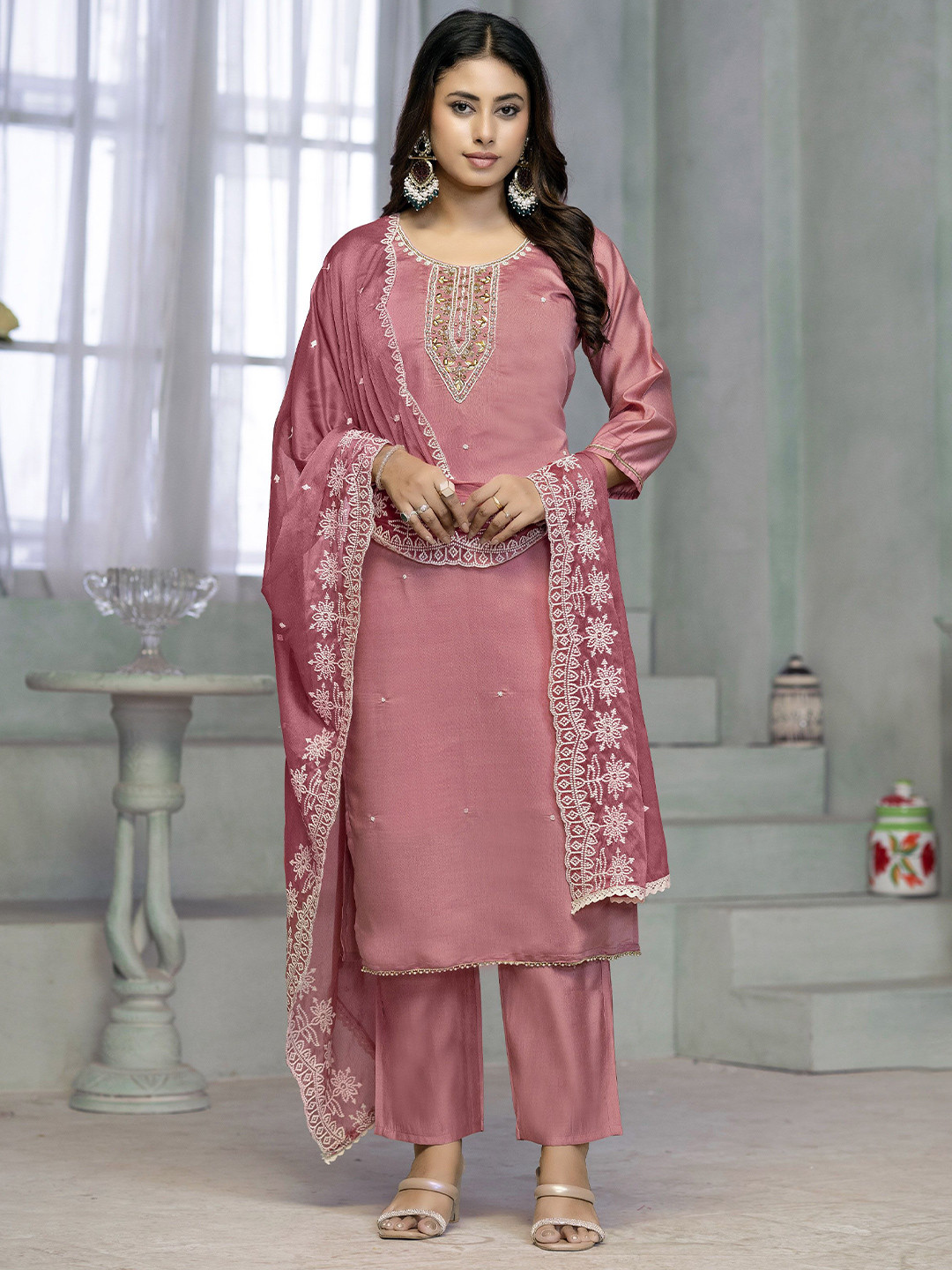 

MANVAA Women Embellished Straight Kurta Set With Trousers & Dupatta, Pink