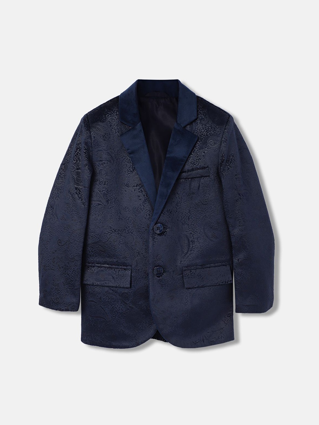

Blue Giraffe Boys Self Design Notched Lapel Single Breasted Blazer, Navy blue