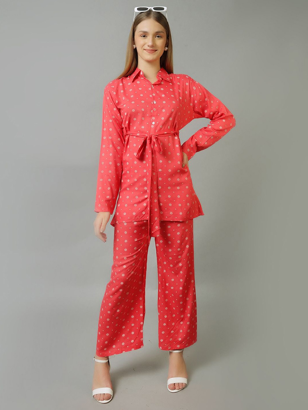 

Softwrap Women Polka Dot Printed Collar Shirt With Trousers Belted Co-Ords, Red