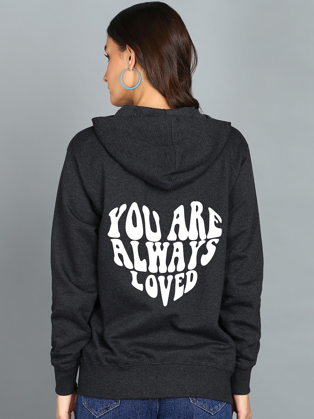 

FALTU.CO Women Printed Zip Detail Hooded Cotton Sweatshirt, Charcoal