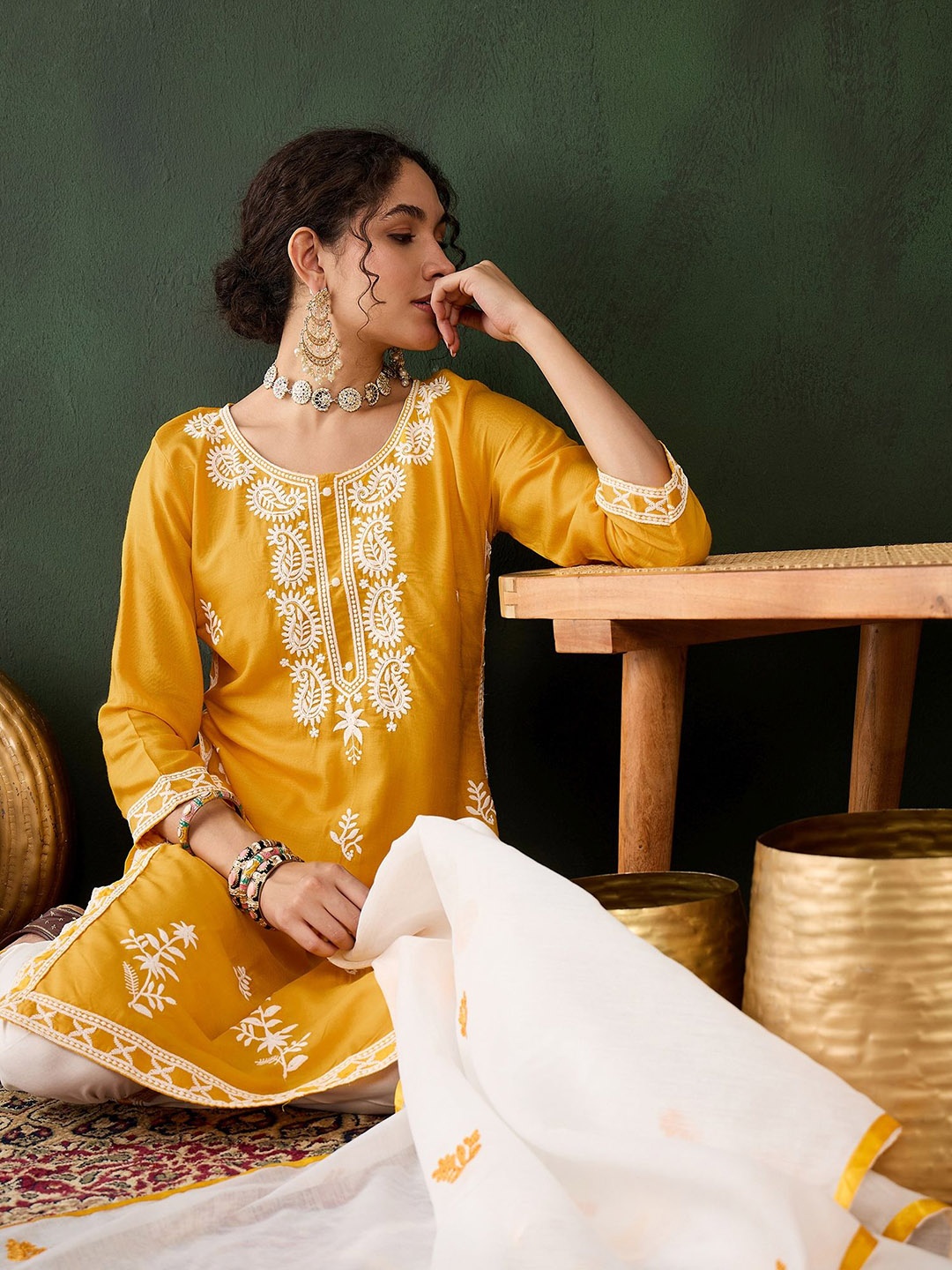 

Sangria Ethnic Motifs Embroidered Thread Work Pure Cotton Kurti with Trousers & Dupatta, Yellow