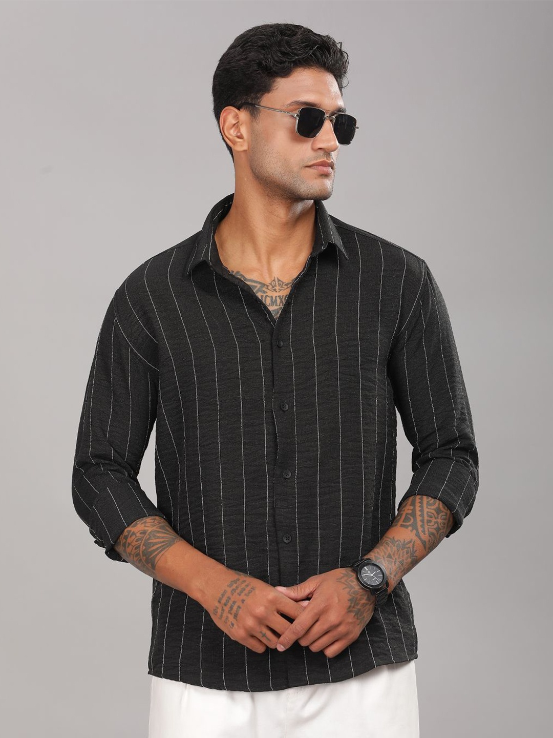 

PAUL STREET Men Standard Spread Collar Vertical Striped Slim Fit Casual Shirt, Black