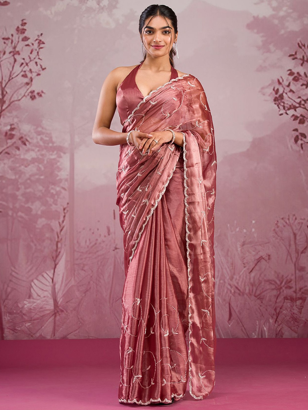 

Koskii Ethnic Motifs Beads and Stones Poly Georgette Saree, Gold
