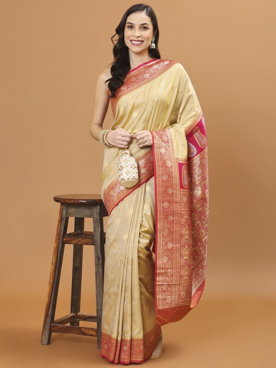 

Meena Bazaar Woven Design Zari Art Silk Handloom Saree, Beige