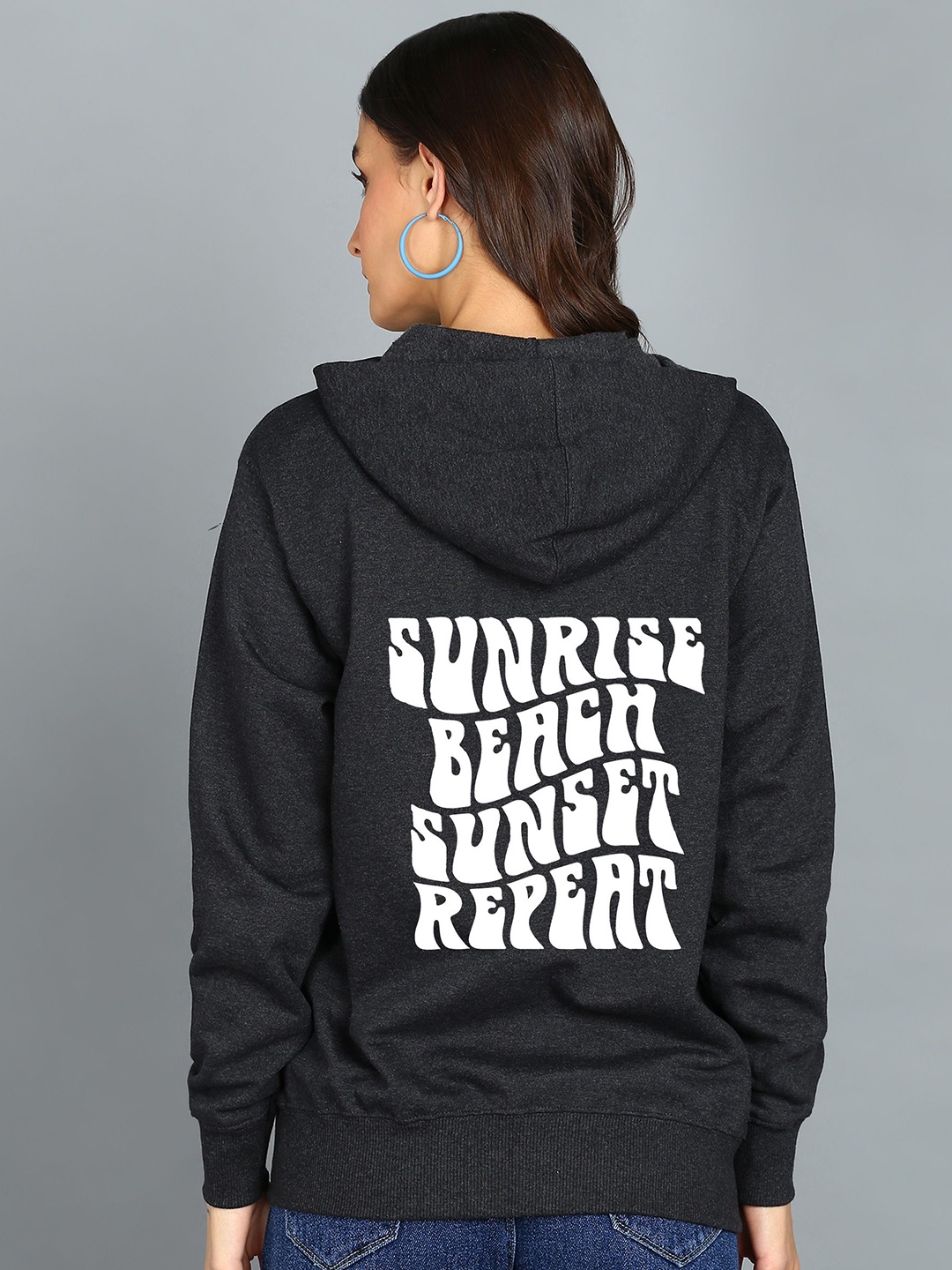 

FALTU.CO Women Typography Printed Hooded Ribbed Cotton Sweatshirt, Charcoal