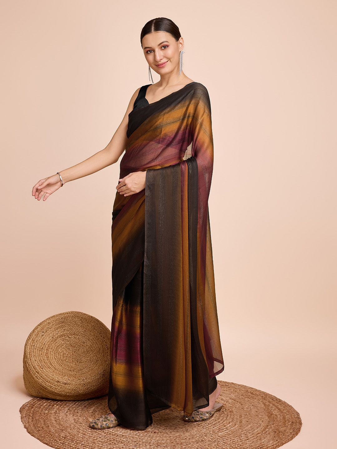 

Nimidiya Striped Woven Ombre Saree With Blouse, Brown