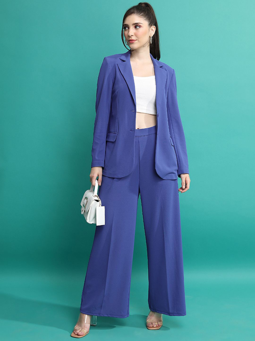 

Tokyo Talkies Blue Shawl Neck Blazer With Trousers