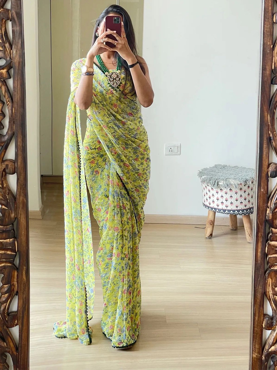 

Sidhidata Floral Pure Georgette Ready to Wear Saree, Lime green