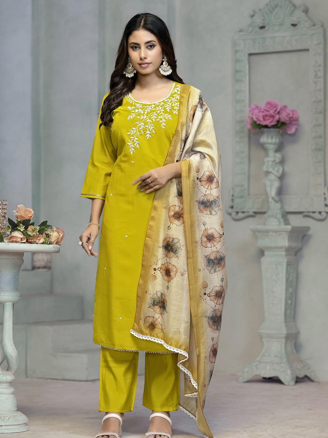 

Maroosh Women Embroidered Kurta & Trouser with Dupatta, Lime green