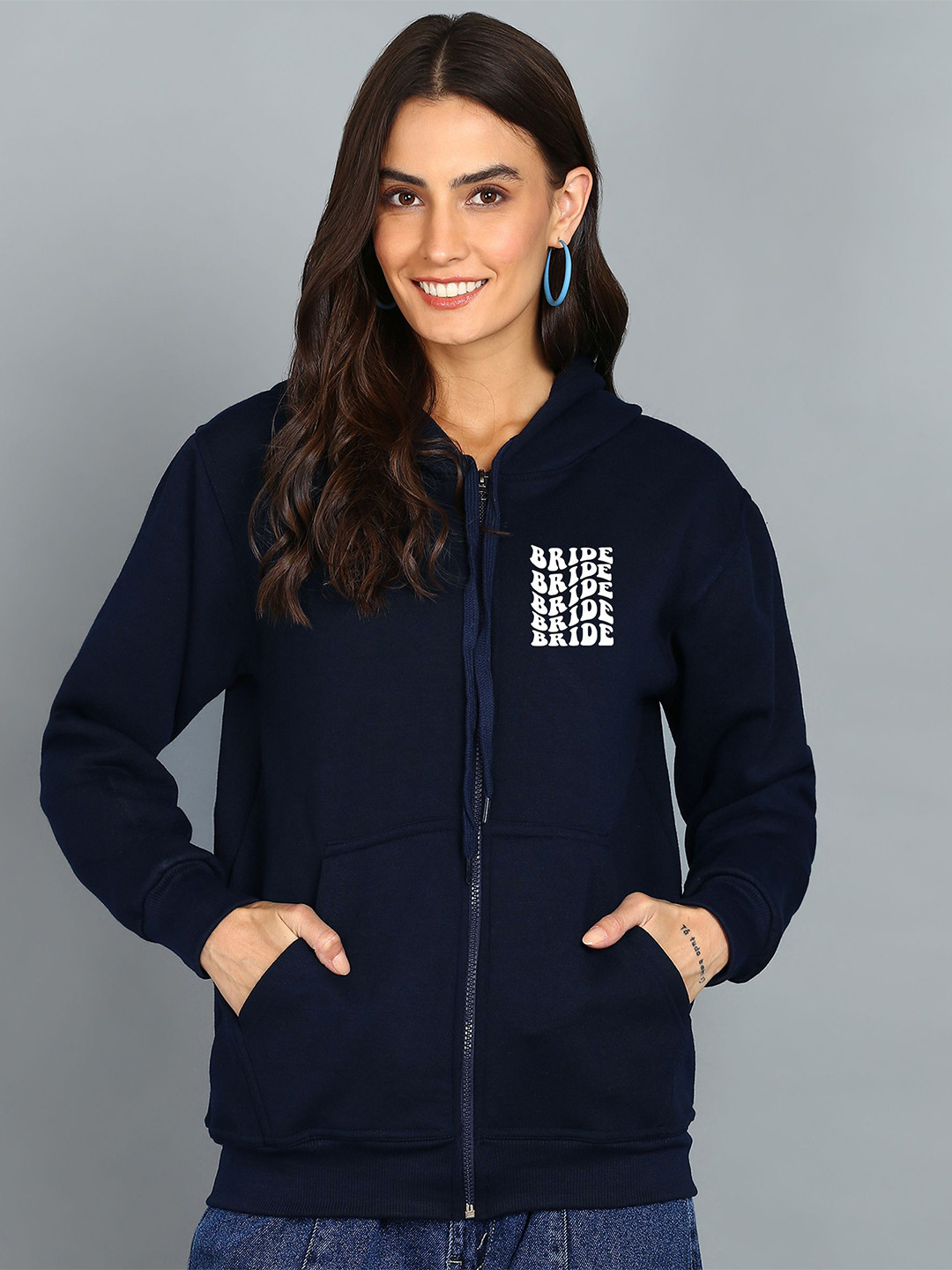 

FALTU.CO Women Typography Printed Hooded Ribbed Cotton Sweatshirt, Navy blue