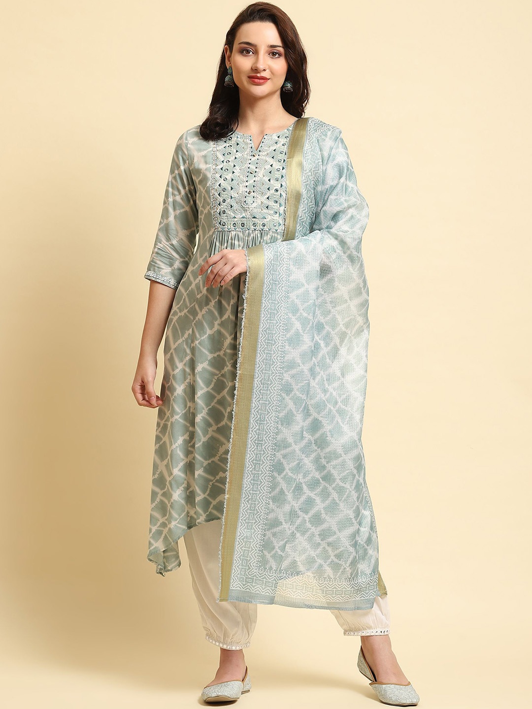 

Shree Ethnic Motifs Dyed Liva A Line Kurta & Harem Pants With Dupatta, Green