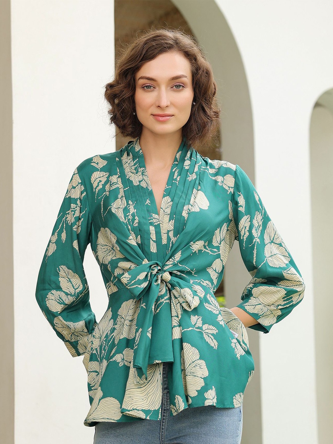 

JISORA Women Floral Printed V-Neck Pure Silk Top, Green