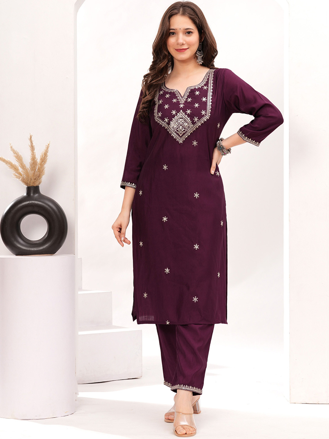 

CELEBRAVO Ethnic Motifs Embroidered Straight Sequinned Kurta with Trousers & Dupatta, Purple