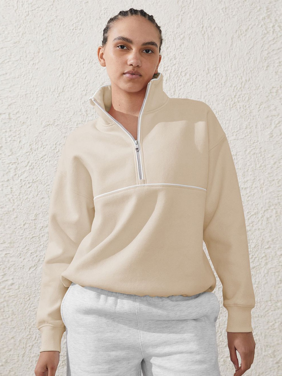 

JC Mode Women Solid High Neck Sweatshirt, Beige