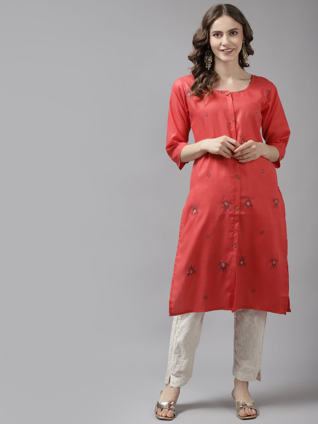 

BAESD Floral Embroidered Round Neck Thread Work Cotton A-Line Kurta, Red