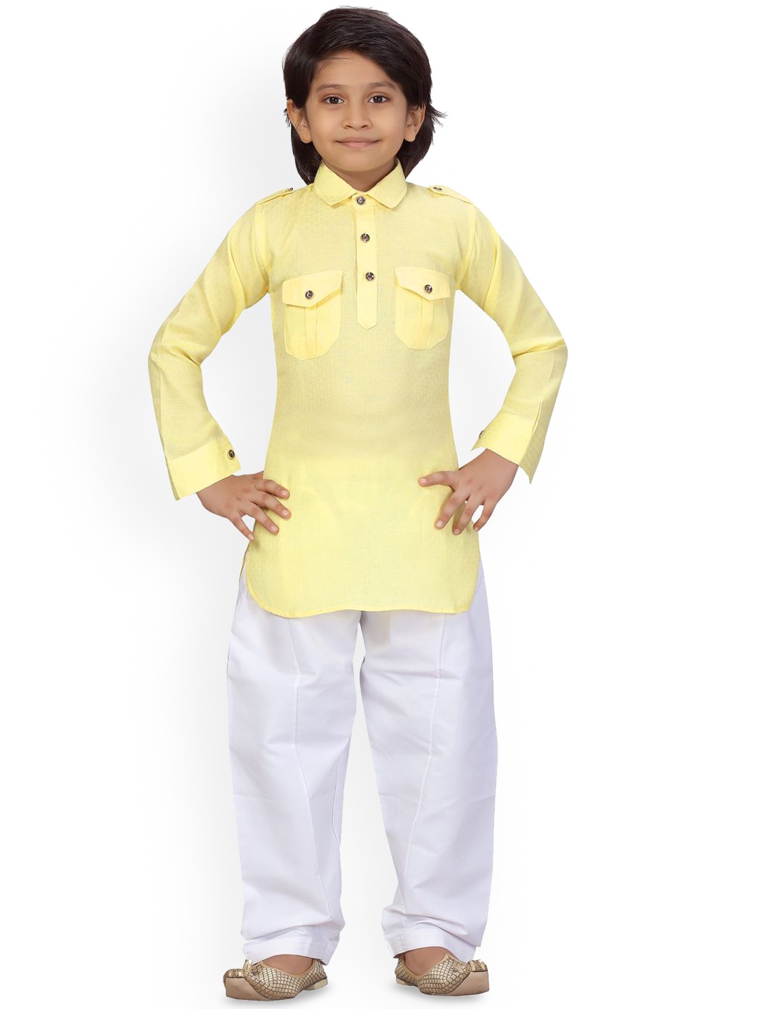 

BAESD Boys Shirt Collar Regular Pure Cotton Straight Kurta with Salwar & Dupatta, Yellow