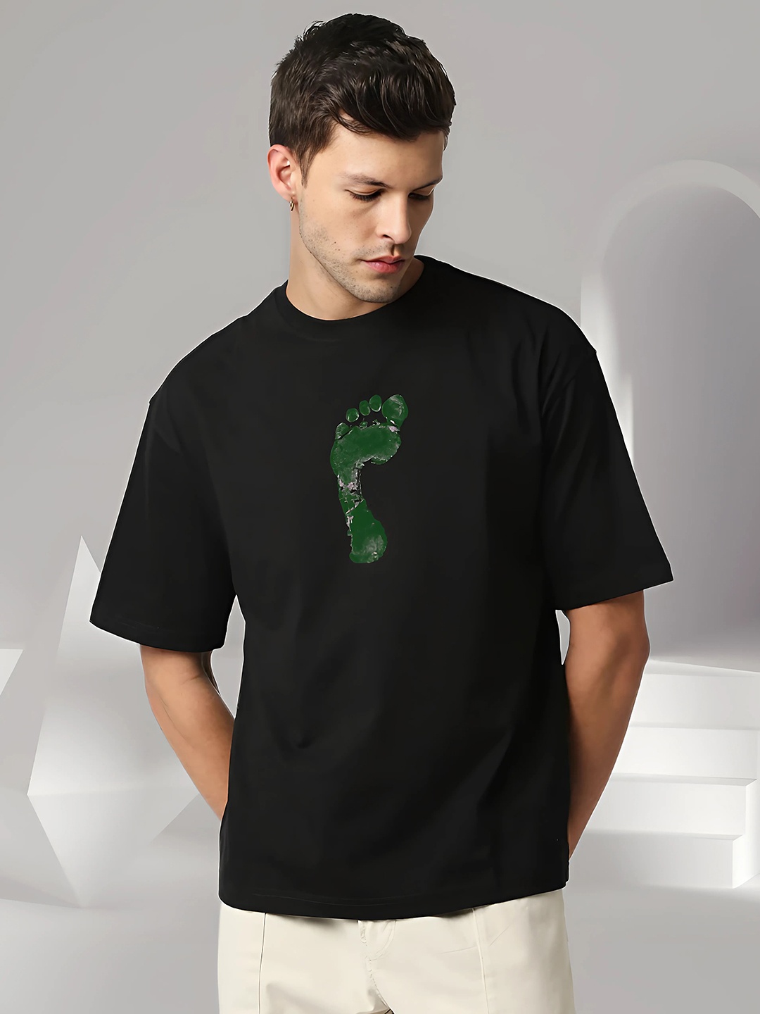 

Elibolz Men Graphic Printed Round Neck Cotton Oversized T-shirt, Black