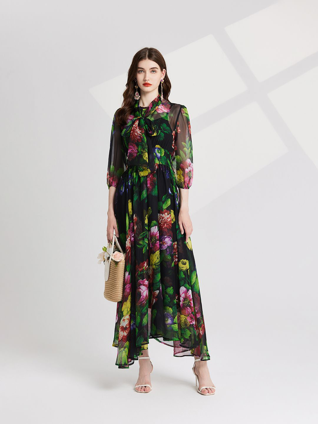 

JC Collection Floral Printed Tie-Up Neck Maxi Dress, Black