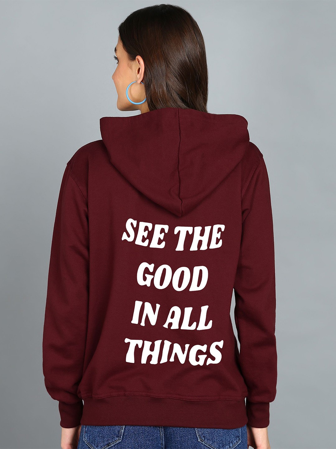 

FALTU.CO Women Printed Zip Detail Hooded Cotton Sweatshirt, Maroon