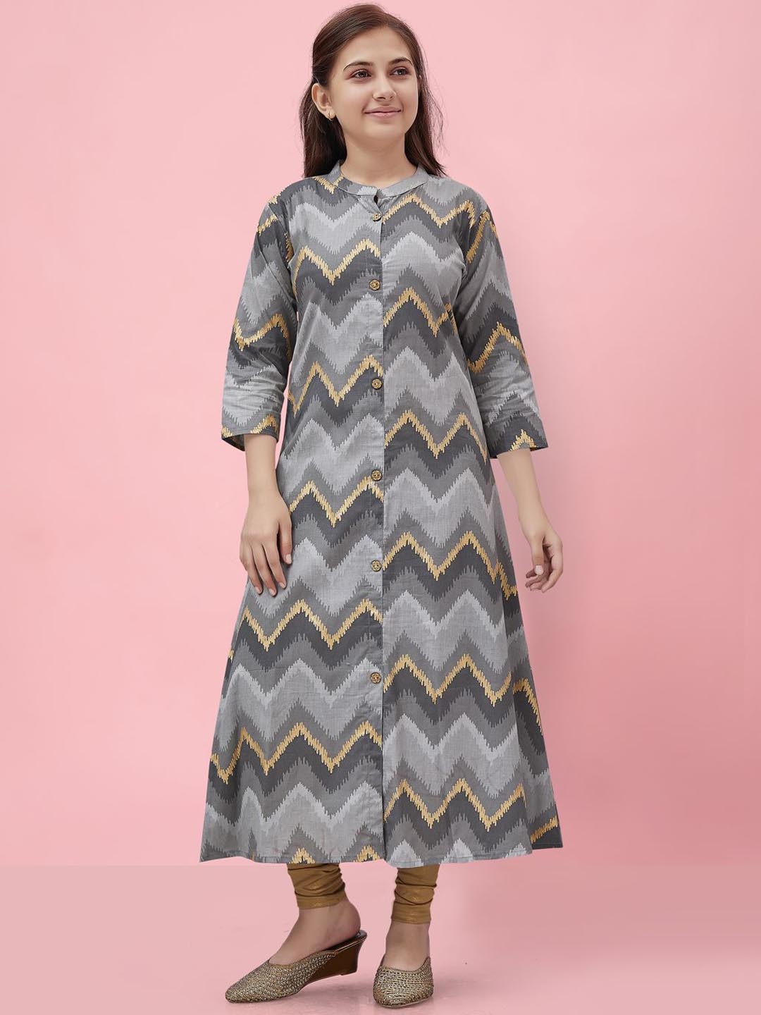 

BAESD Girls Chevron Printed Mandarin Collar A-Line Kurta, Grey