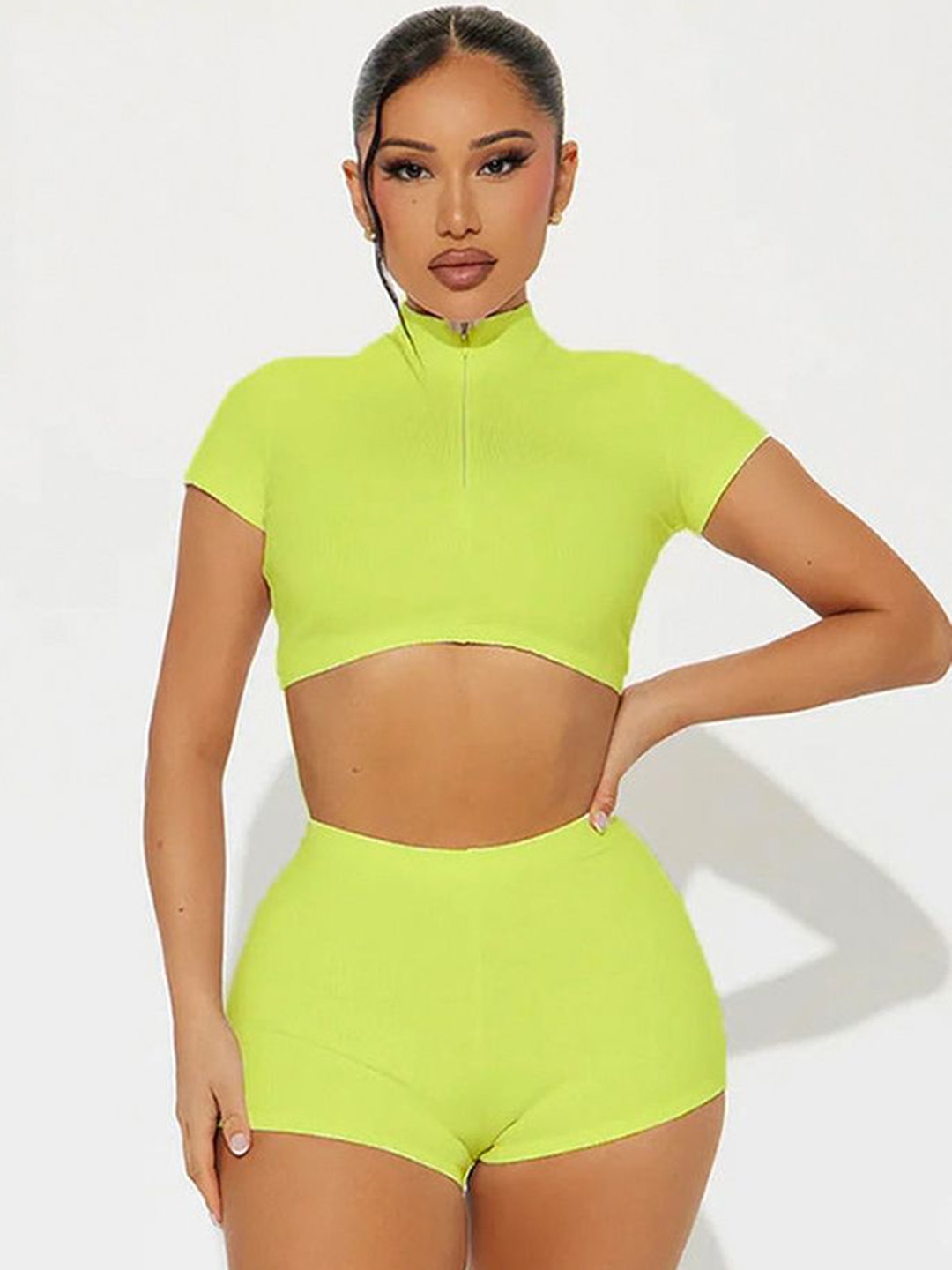 

LULU & SKY Ribbed High Neck Crop Top With Shorts, Green