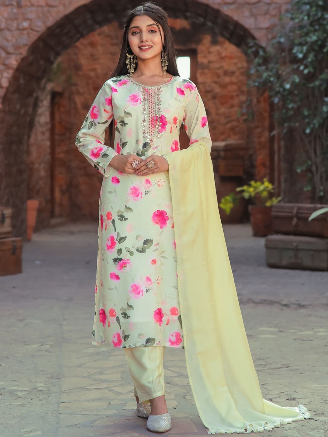 

KALINI Floral Printed Gotta Patti Pure Silk Straight Kurta With Palazzos & Dupatta, White