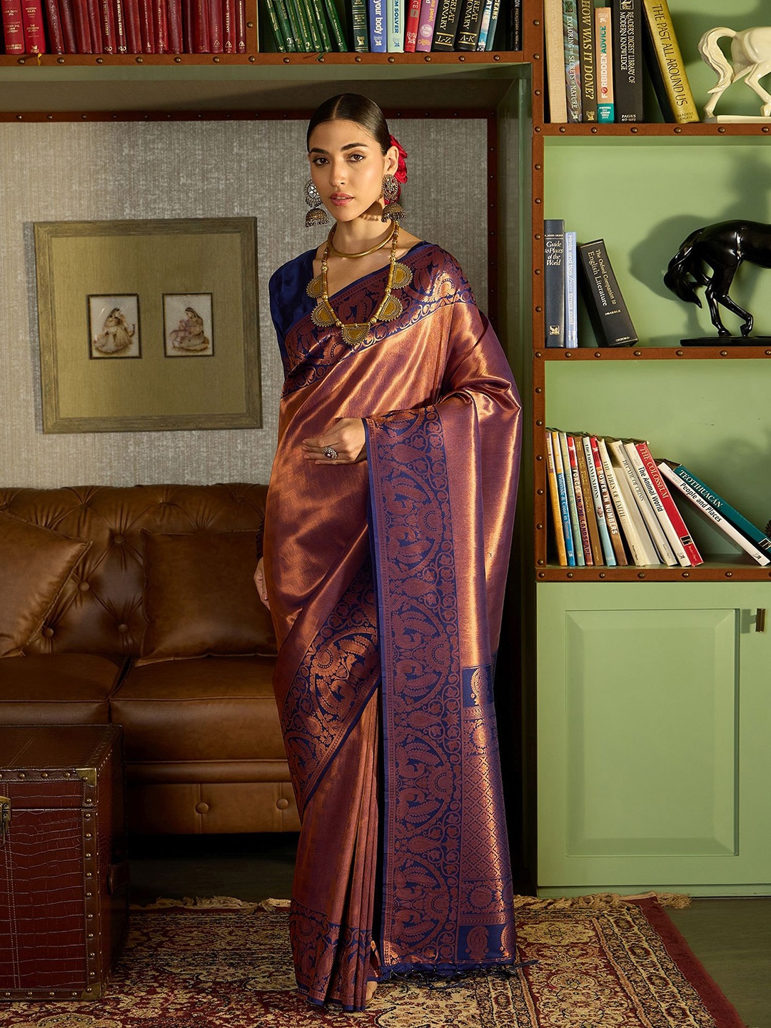 

Sangria Woven Design Zari Banarasi Saree, Copper