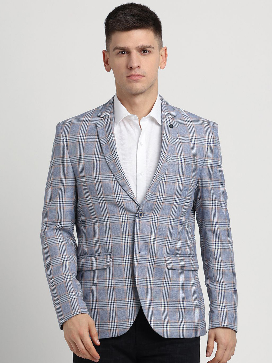 

Turtle Checked Notched Lapel Single-Breasted Casual Blazer, Blue