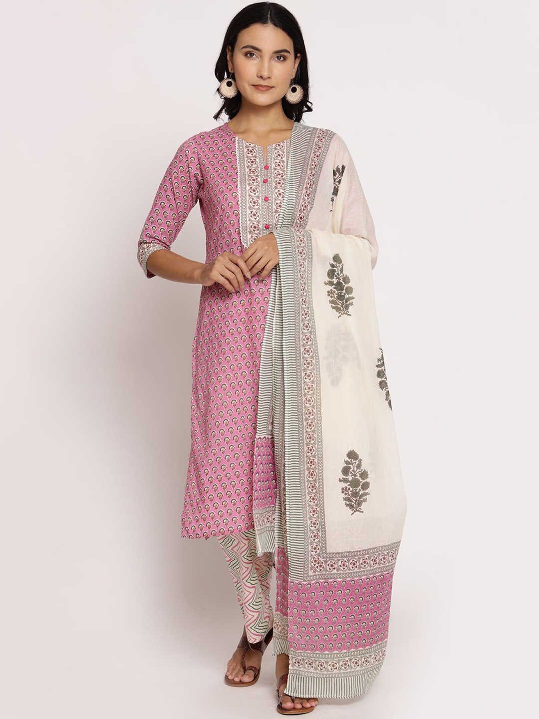 

Shree Floral Printed Regular Pure Cotton Kurta With Trousers & Dupatta, Pink