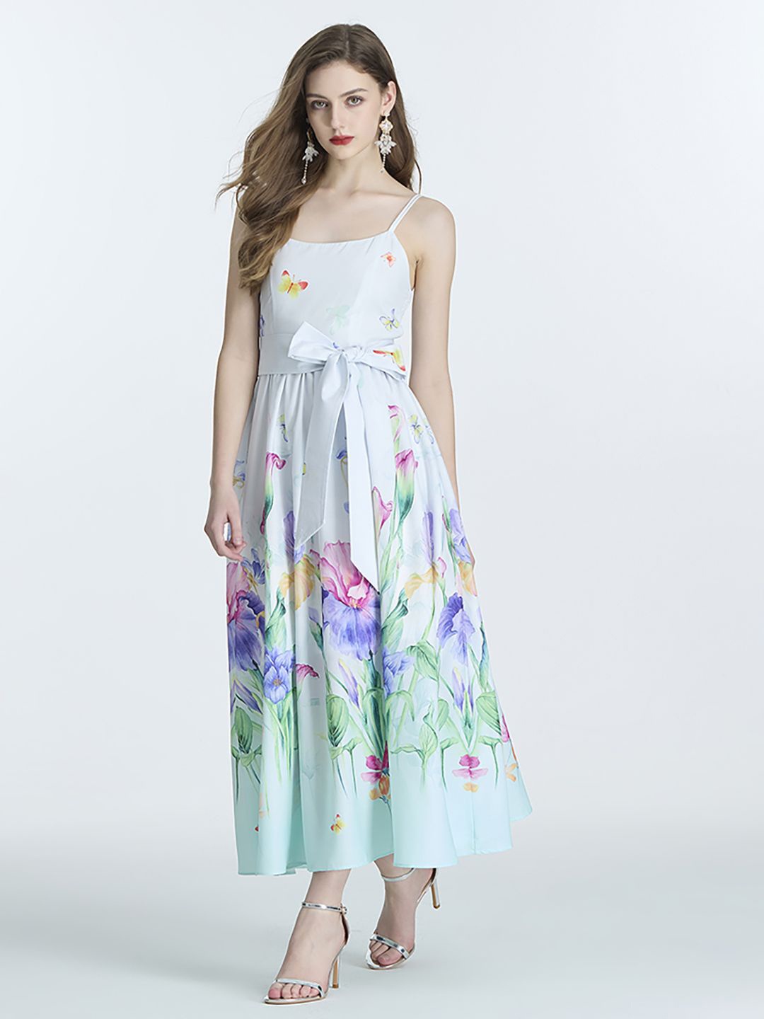

JC Collection Shoulder Straps Floral Printed Bow Maxi Dress, White