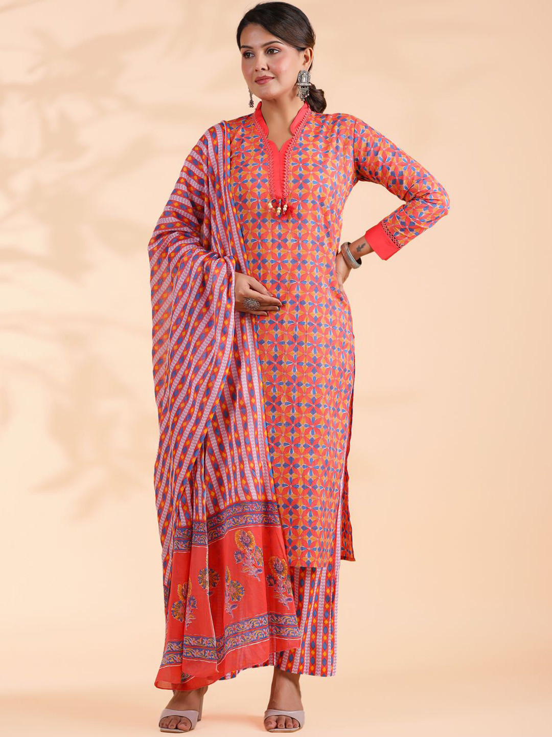 

Vbuyz Geometric Printed Regular Pure Cotton Kurta With Palazzos & Dupatta, Orange