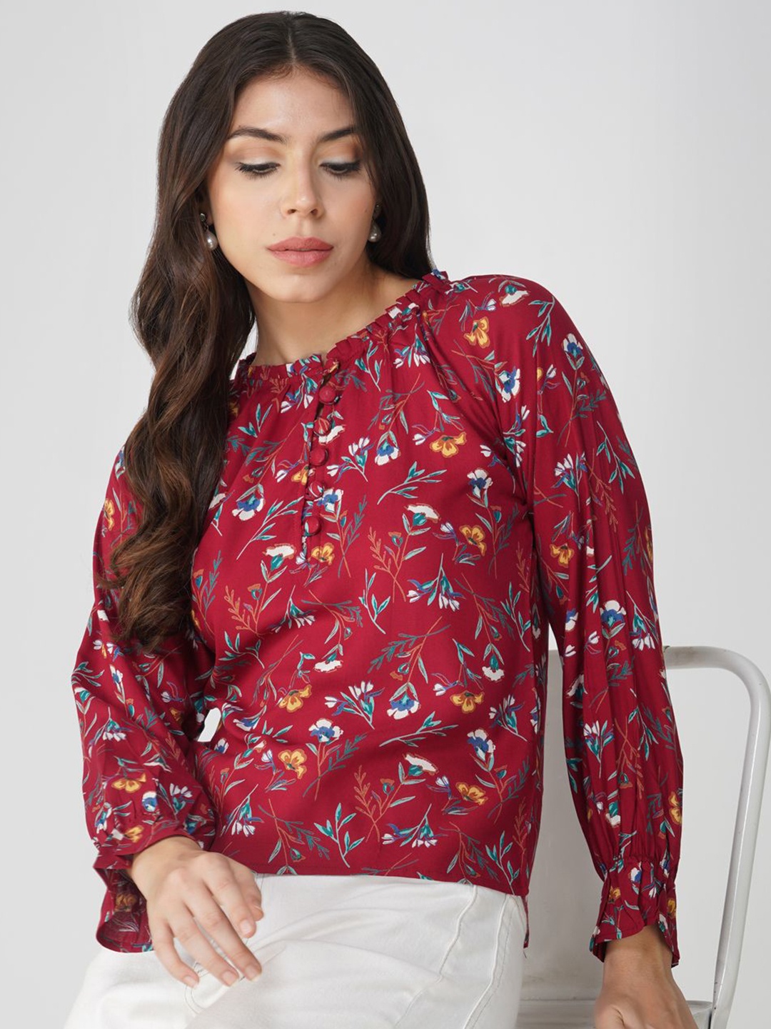 

KALINI Women Floral Printed Mandarin Collar Top, Maroon