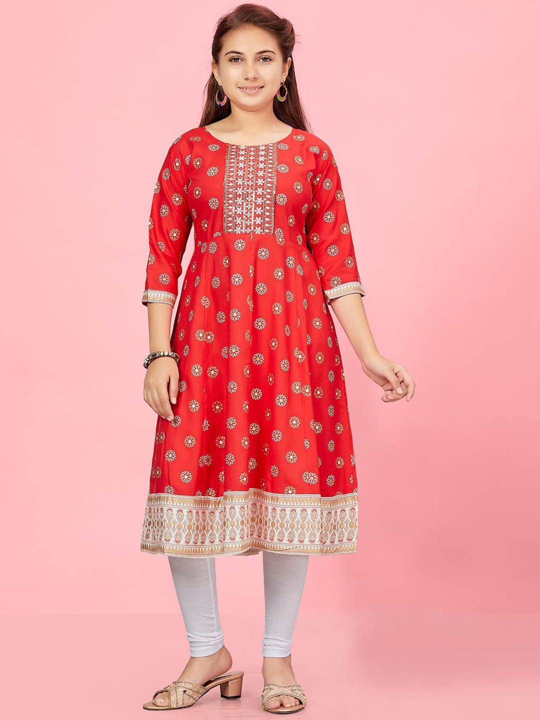 

BAESD Girls Floral Printed Round Neck Sequinned Anarkali Kurta, Red