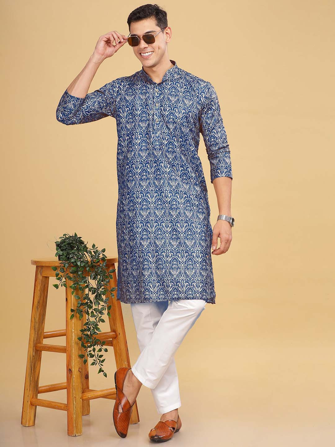 

Anouk Blue Floral Printed Band Collar Straight Cotton Kurta