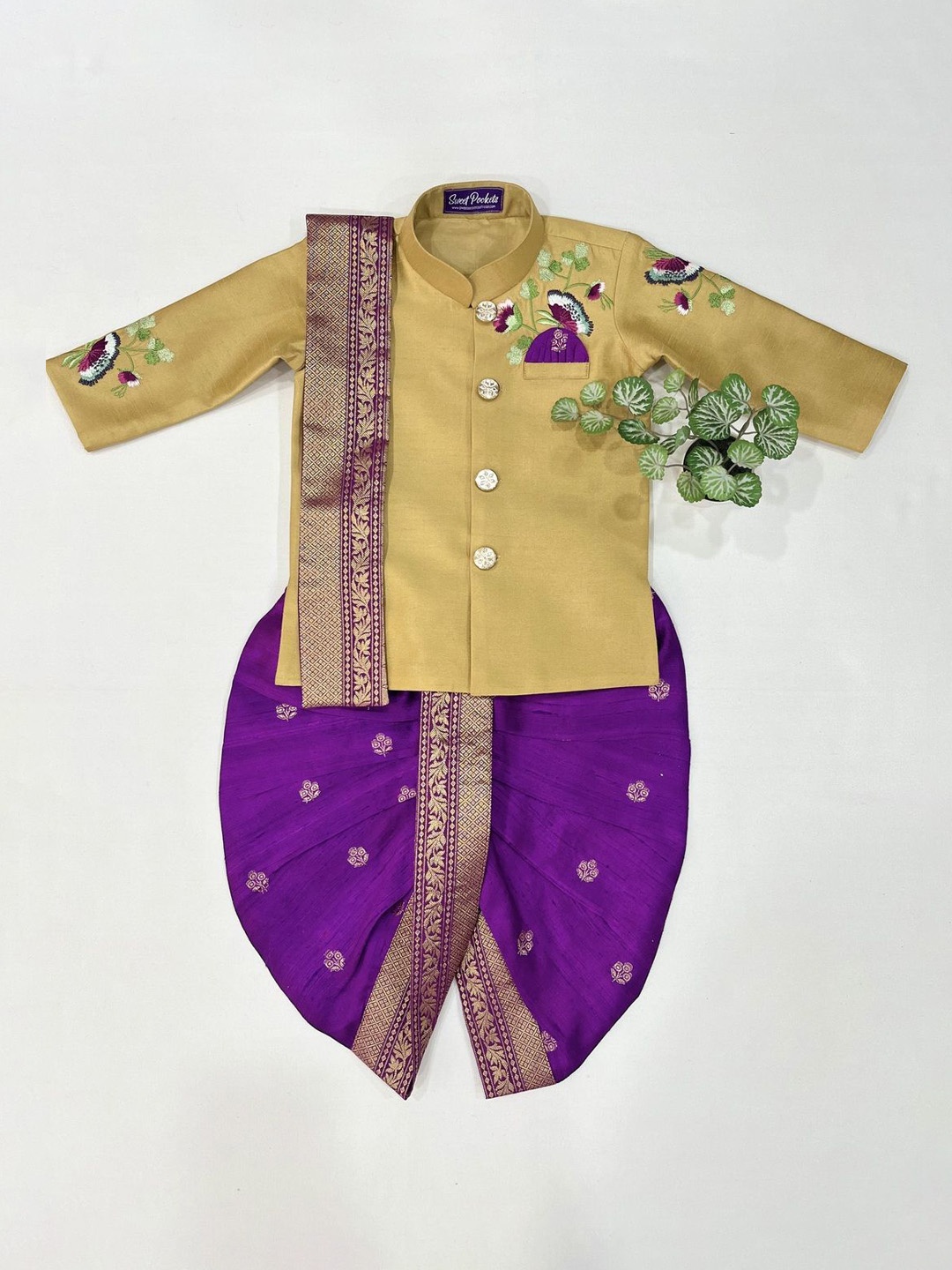 

Sweet Pockets Boys Zari Floral Embroidered Dupion Silk Kurta With Dhoti Pants & Dupatta, Gold